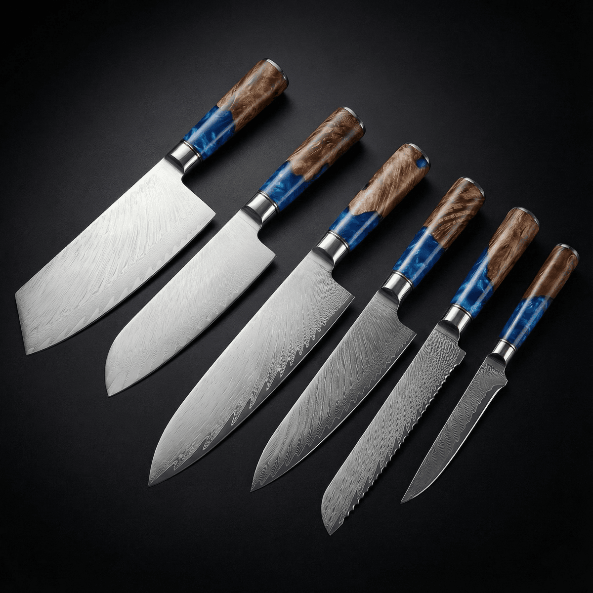 Limited Edition Japanese Damascus Knife Set – 6-Piece Saphire