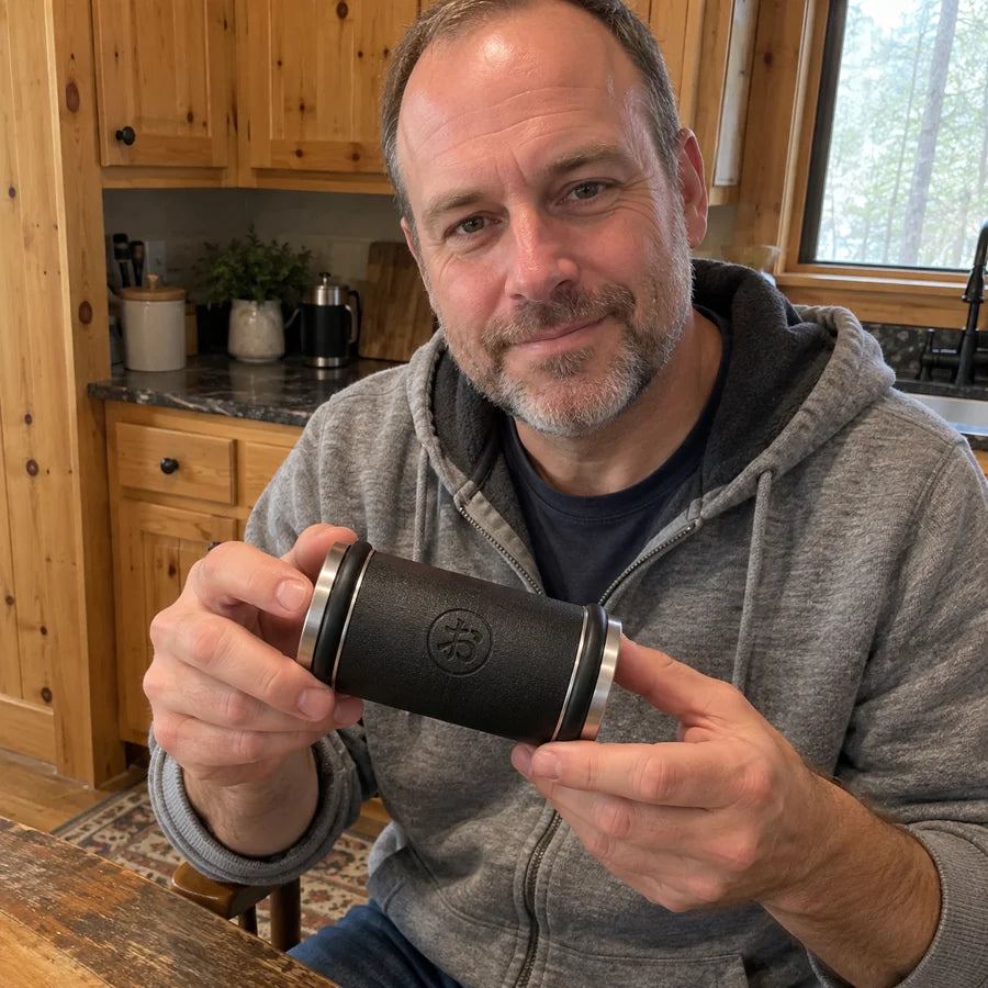 Illustrative lifestyle image of a person holding an Okura sharpener