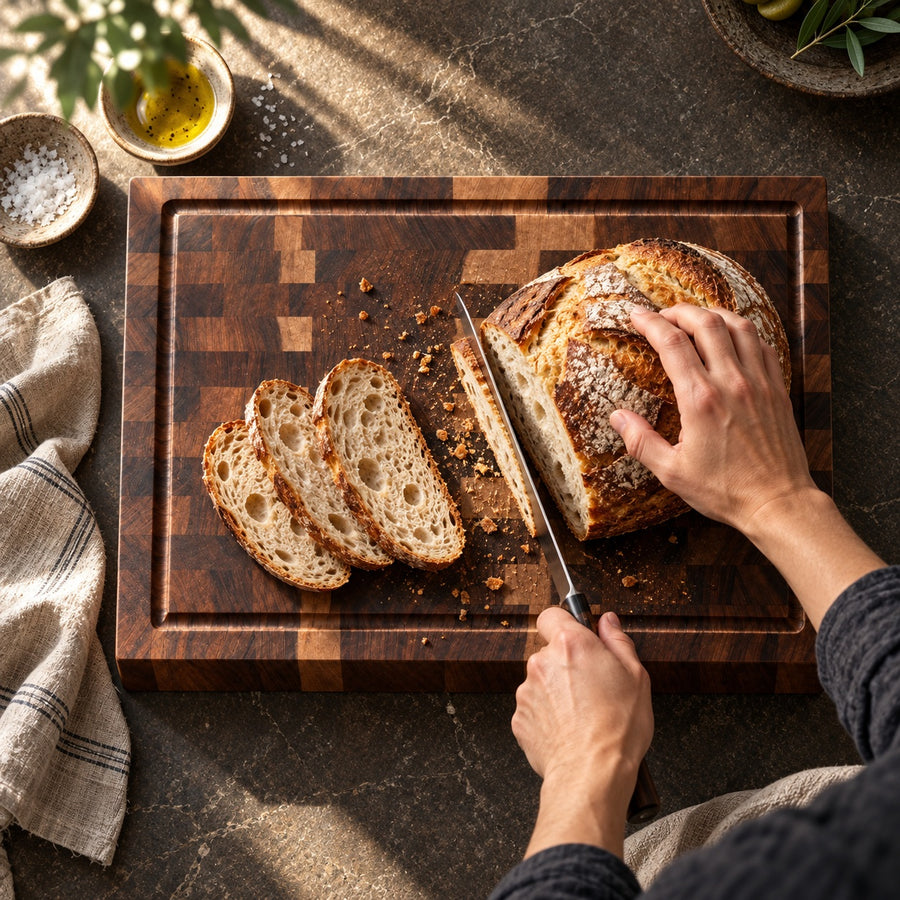 Slicing bread on a walnut cutting board