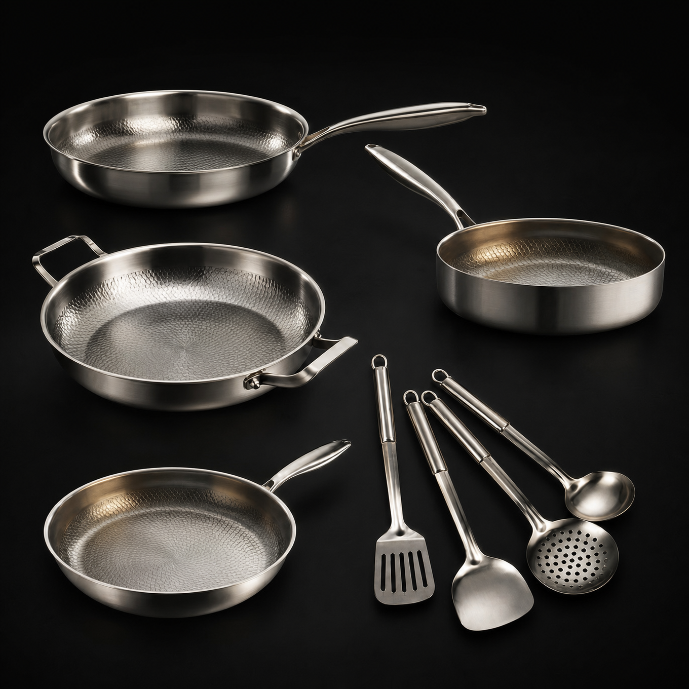 Hand-Hammered Titanium Family Set: 4 Pans & Utensils – Okura Cookware