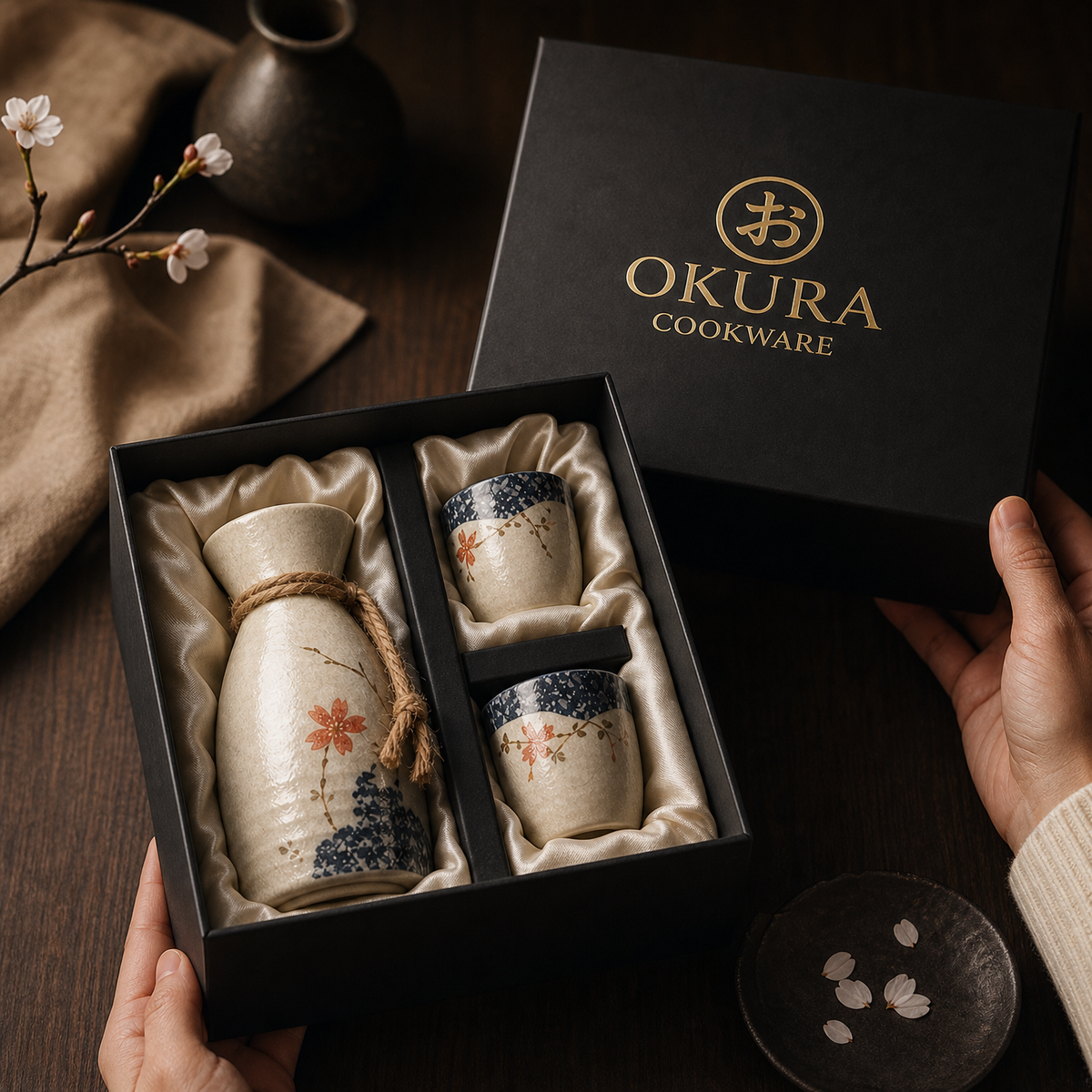 Japanese Sakura Ceramic Sake Flagon Set