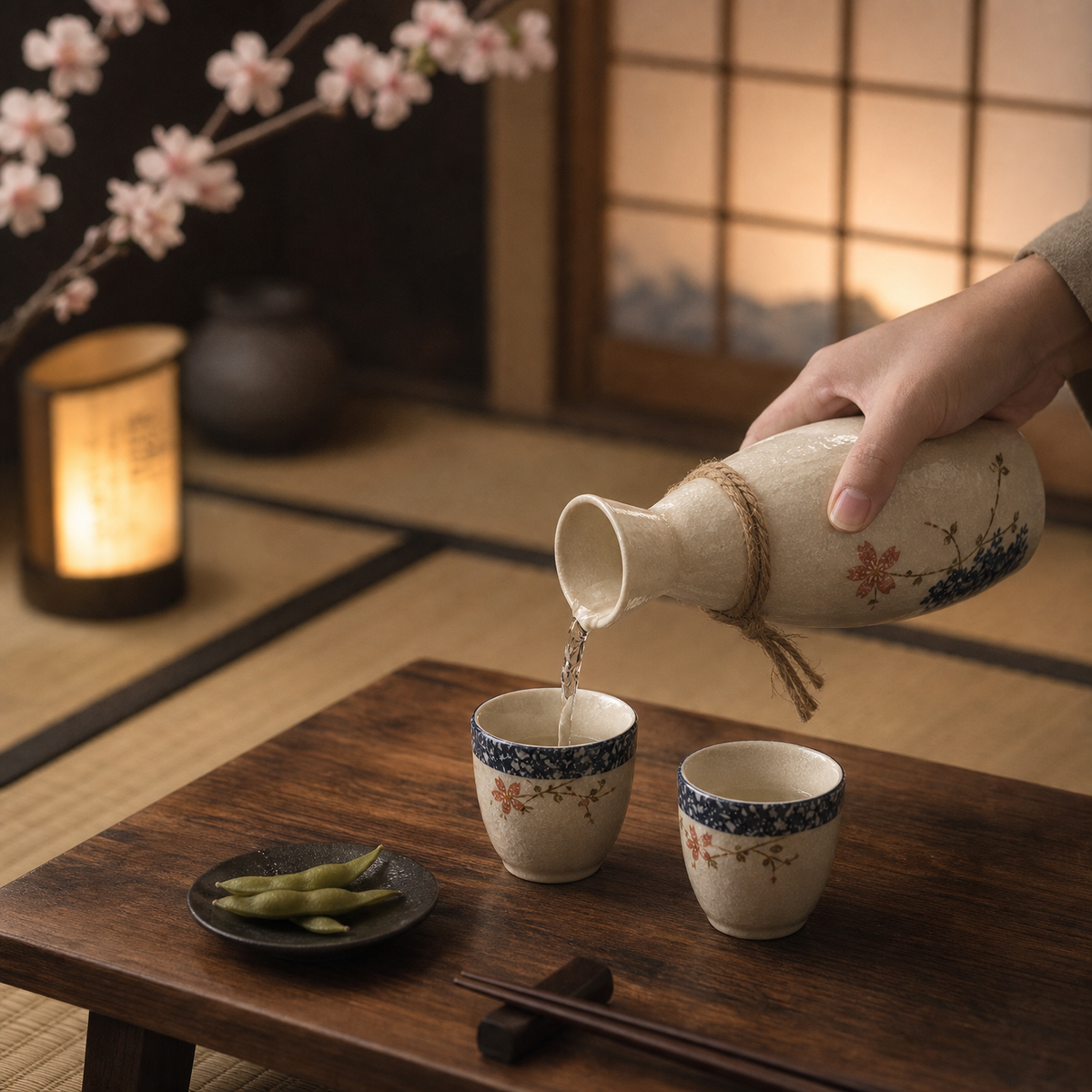 Japanese Sakura Ceramic Sake Flagon Set