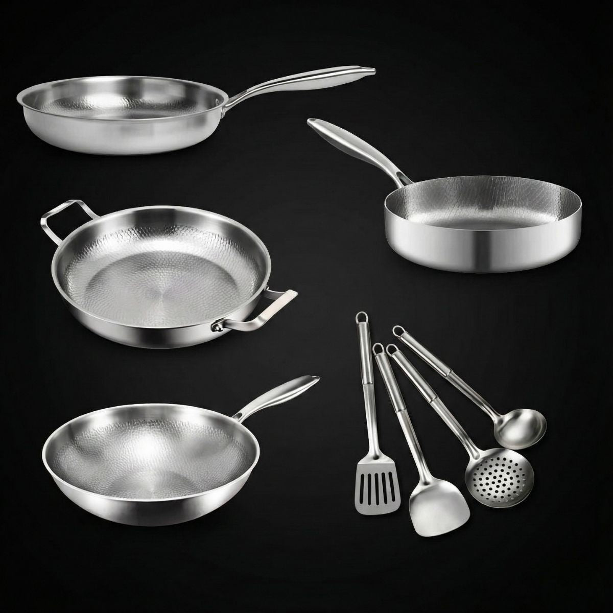 Hand-Hammered Titanium Family Set: 4 Pans & Utensils
