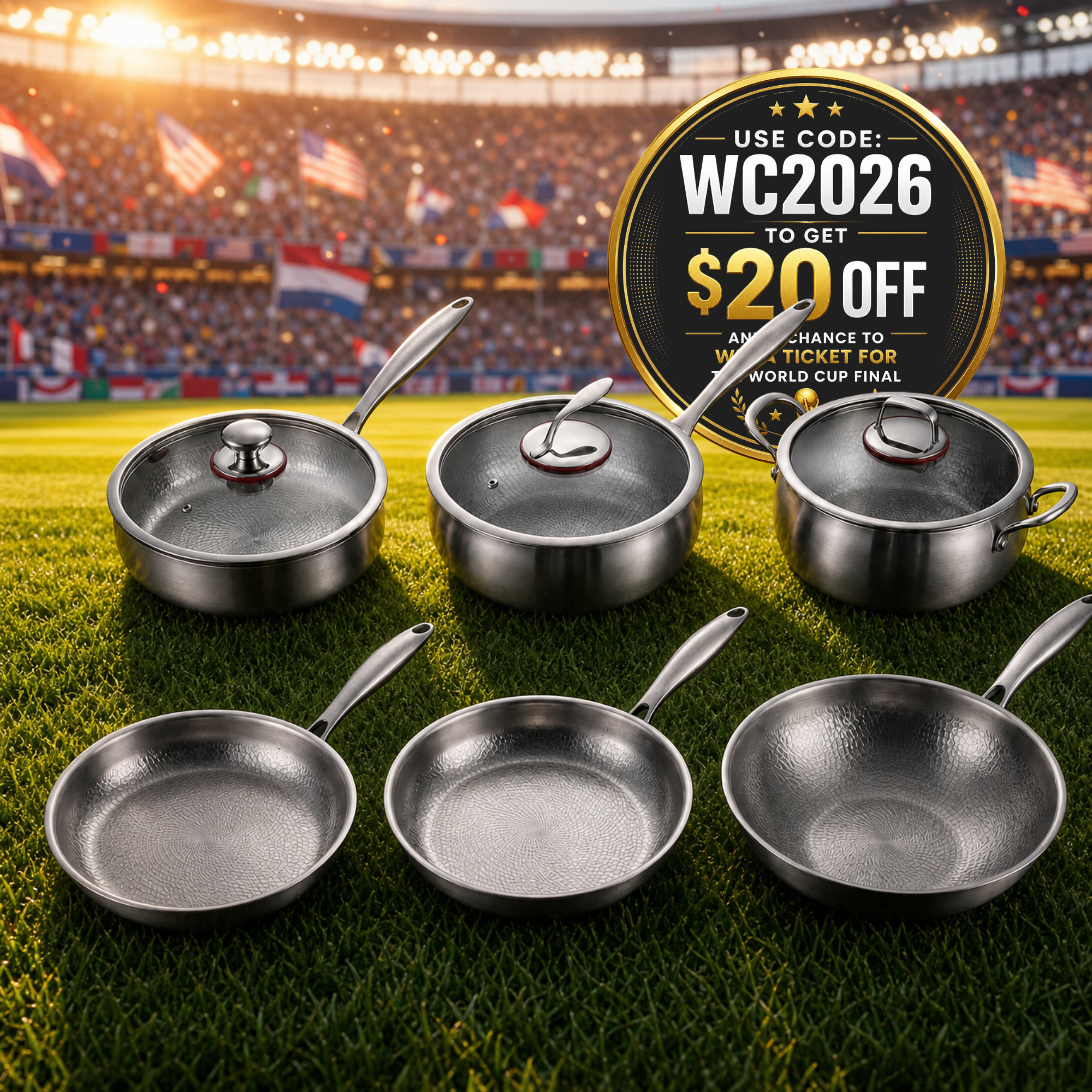 Hand-Hammered Titanium Complete Kitchen Set with 3 Lids (10, 11 & 12 Inch) | World Cup 26