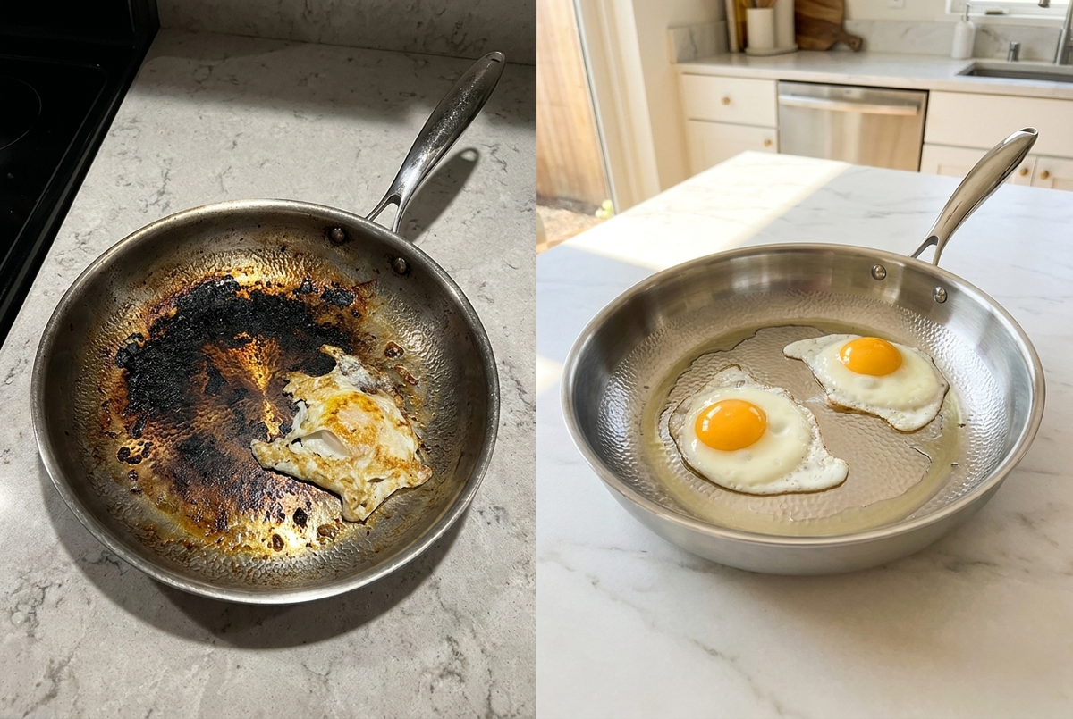 Left: a worn coating, where food sticks and burns on. Right: a titanium surface, clean ...