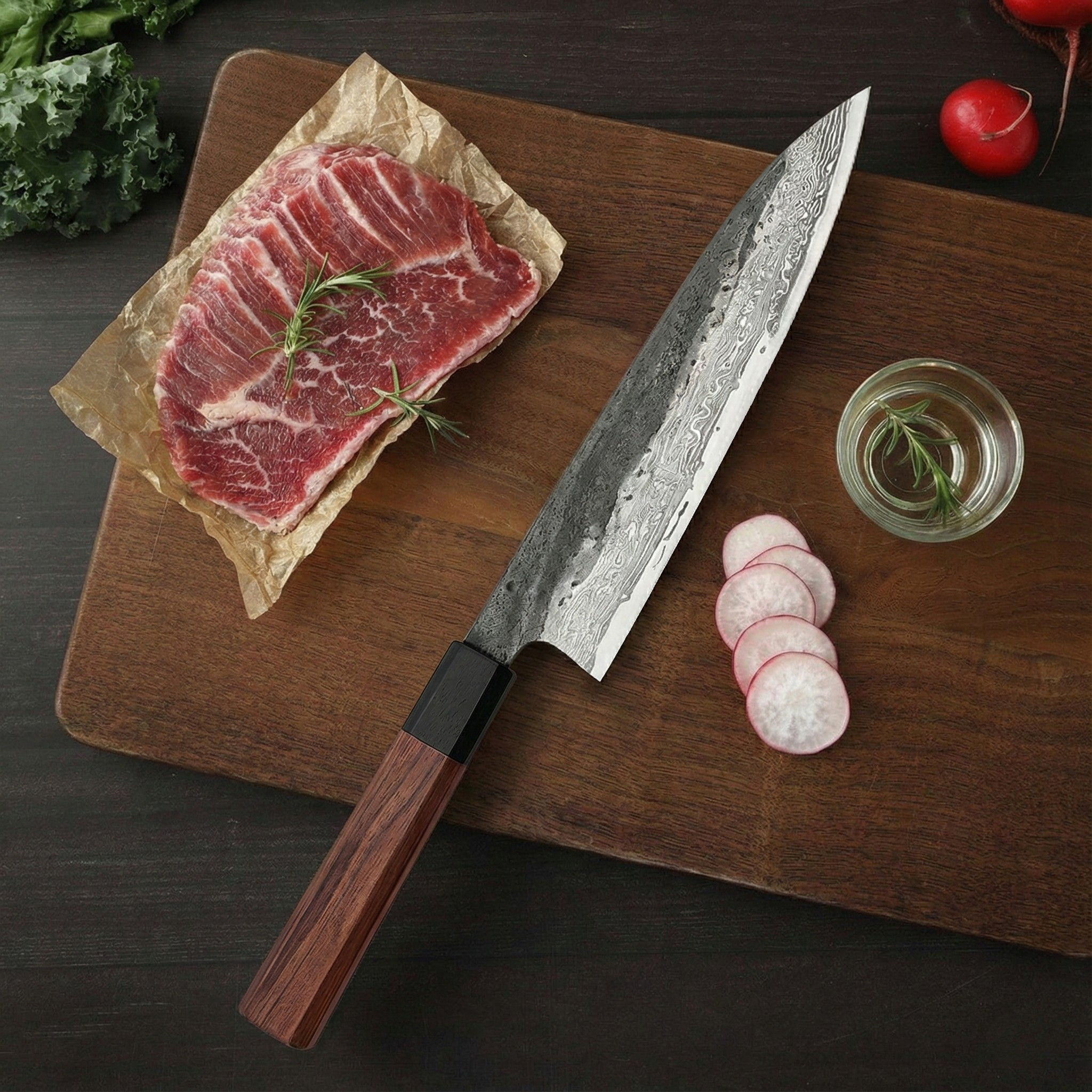 Kiritsuke Knife – Damascus Steel Blade, Ironwood Handle, 8.5 inch (21.5 cm)