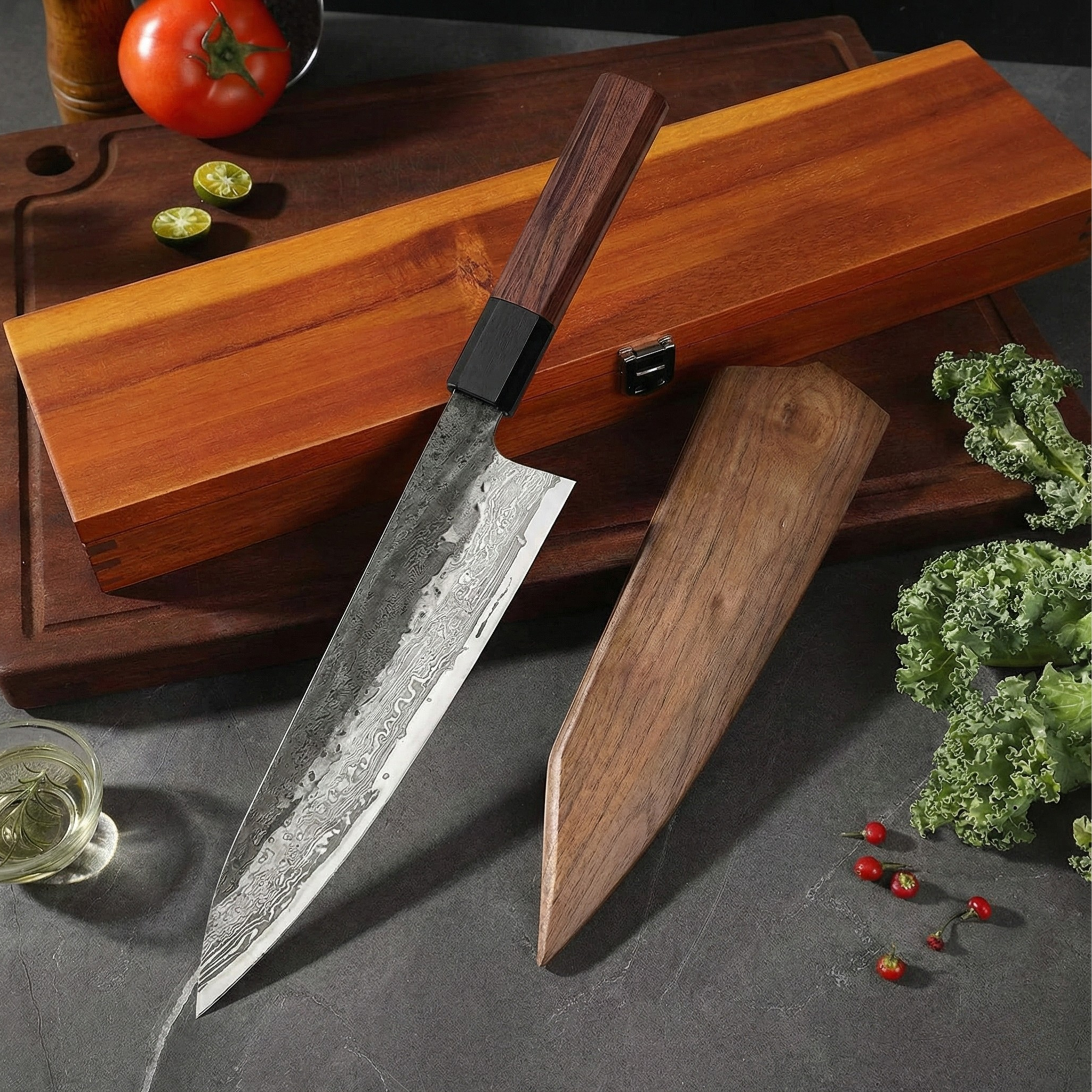 Kiritsuke Knife – Damascus Steel Blade, Ironwood Handle, 8.5 inch (21.5 cm)