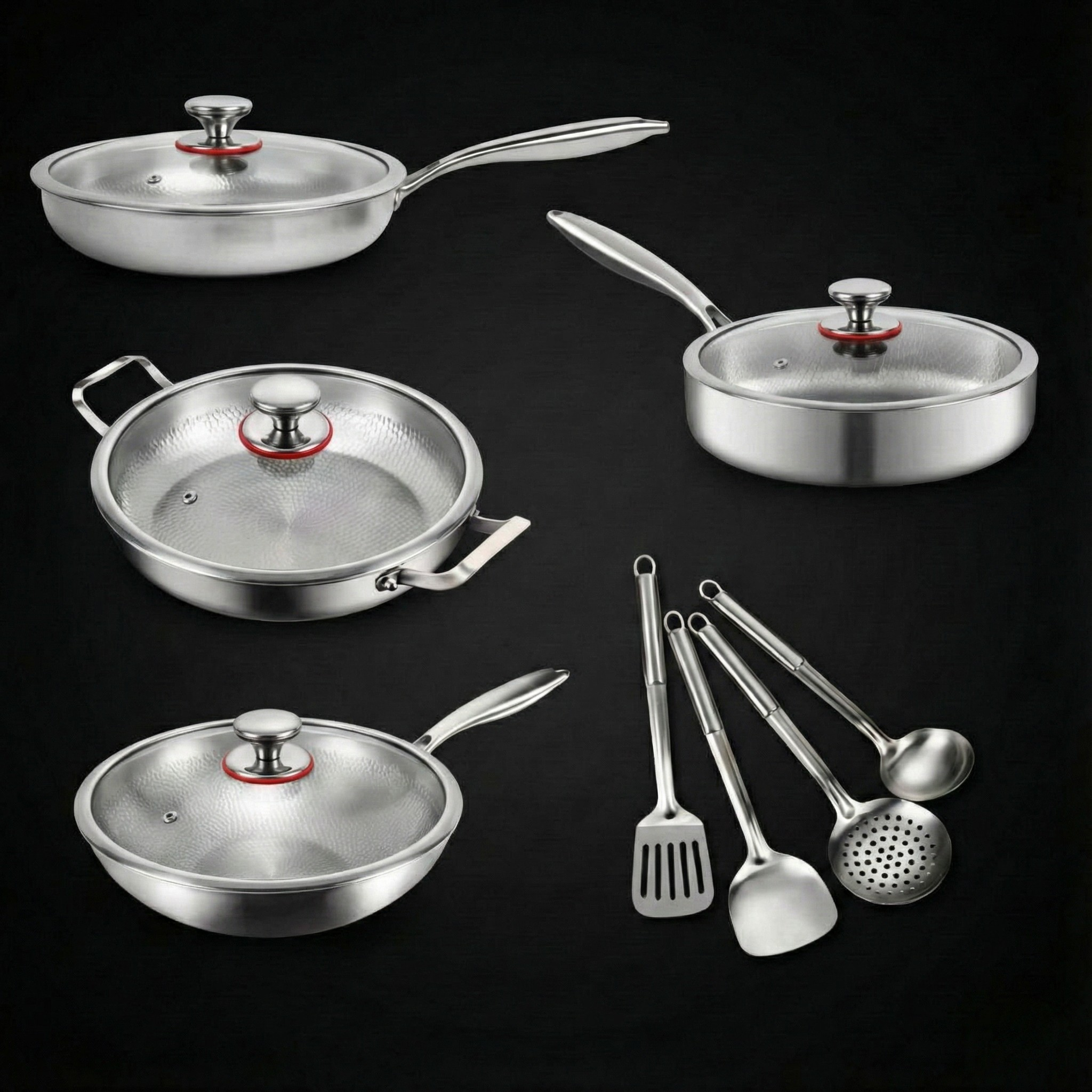 Hand-Hammered Titanium Family Set: 4 Pans & Utensils