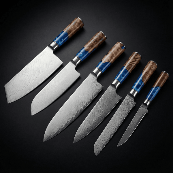 Limited Edition Japanese Damascus Knife Set – 6-Piece Saphire