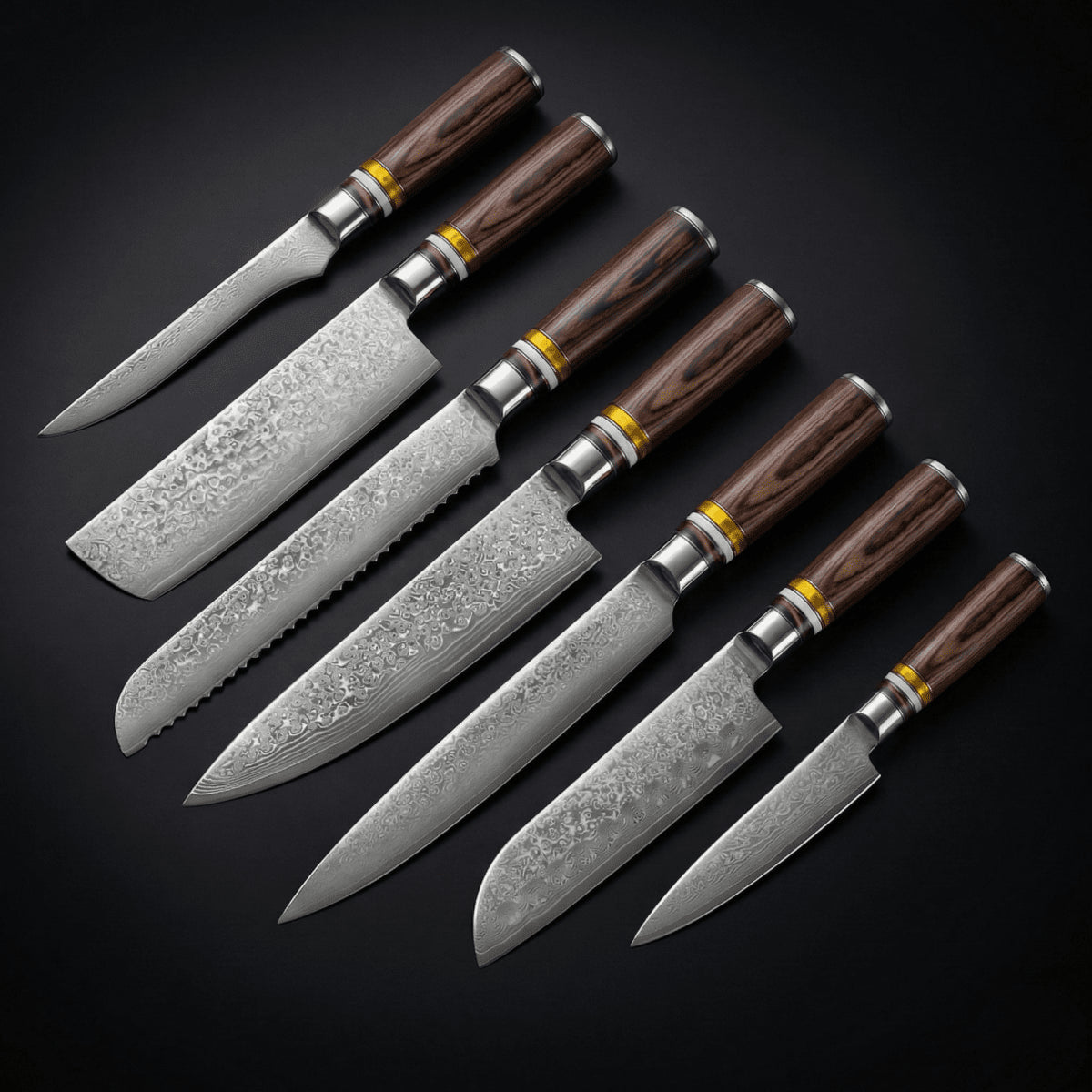 Professional Japanese 7-piece Damascus master knife set, Okura