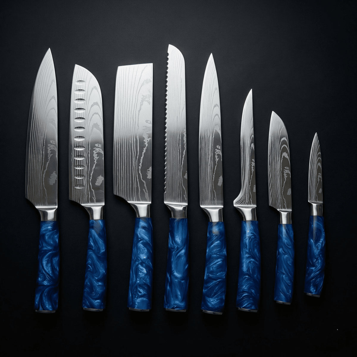 Japanese Damascus knife set, balanced profile, Okura