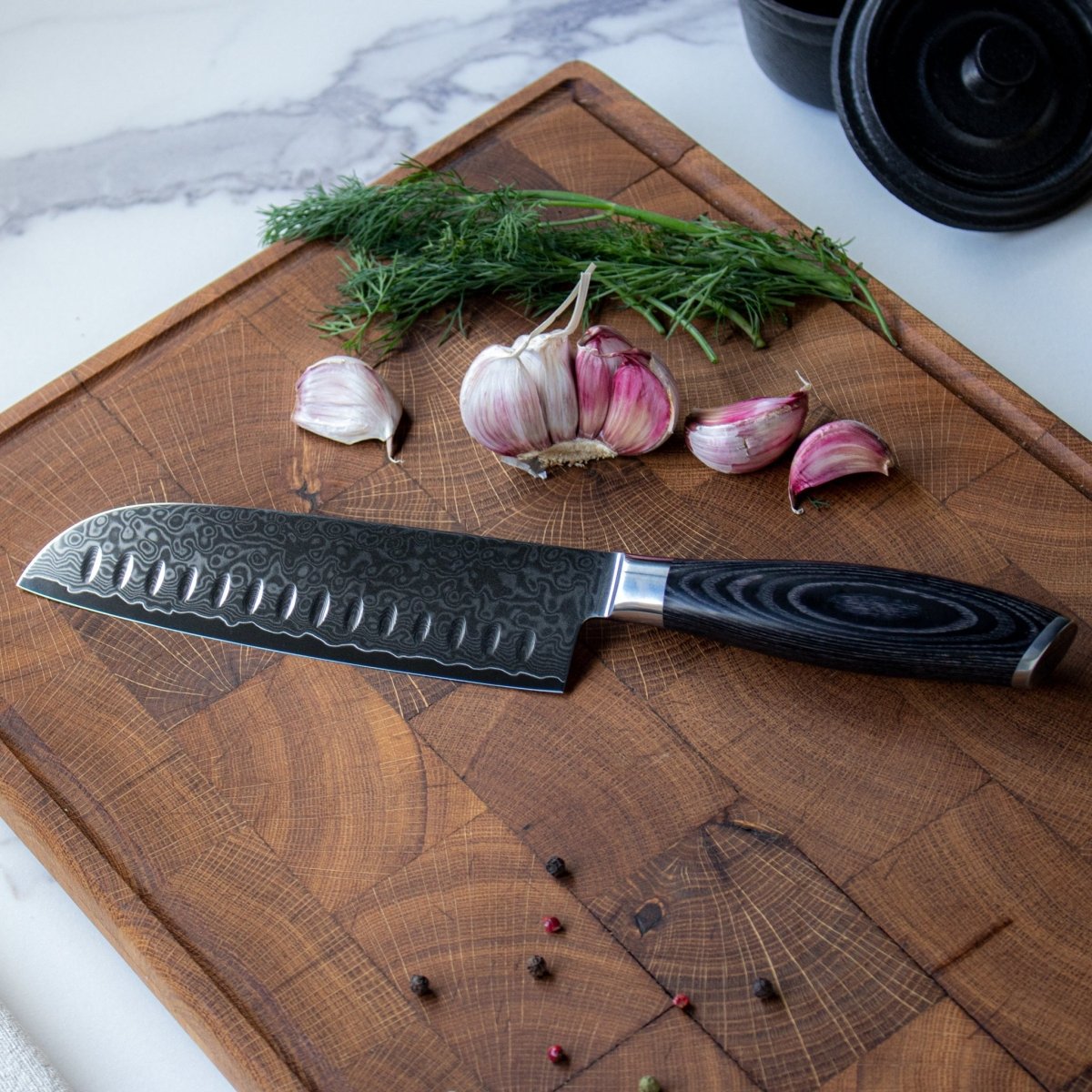 raku.です Santoku Knife 18cm — Japanese Damascus | Okura Cookware