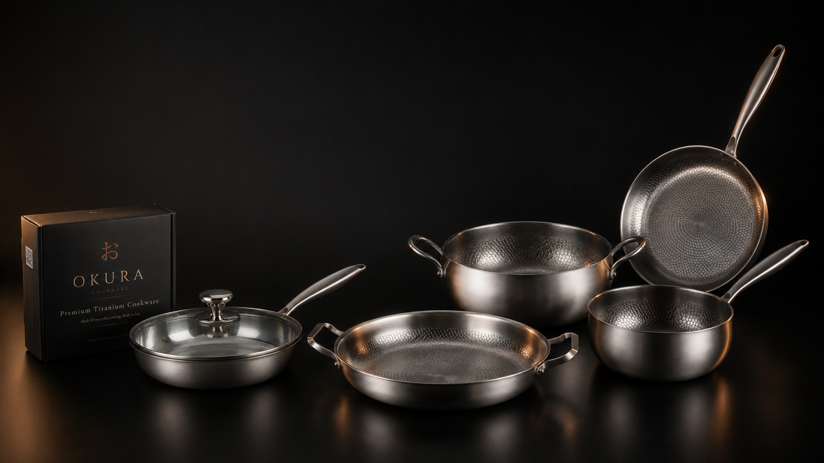Three hand-hammered Okura titanium pans