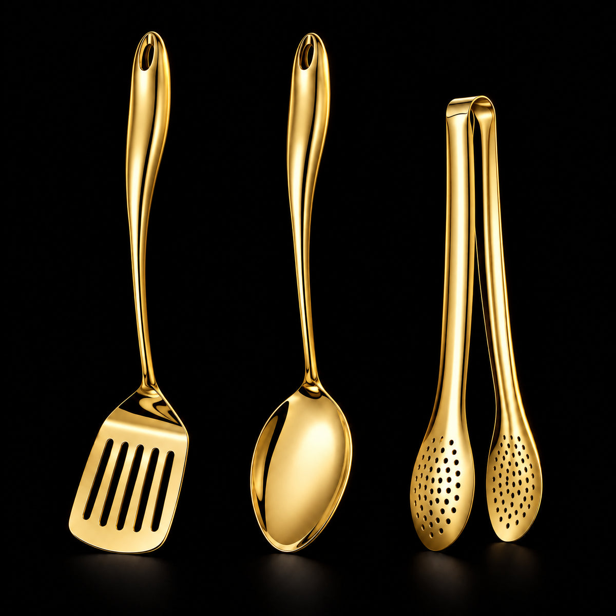 Okura 3-piece utensil set in gold, rounded handles, black studio