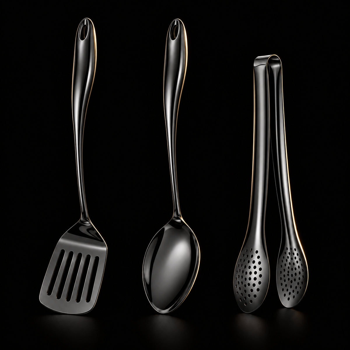 Okura 3-piece utensil set in black, rounded handles, black studio