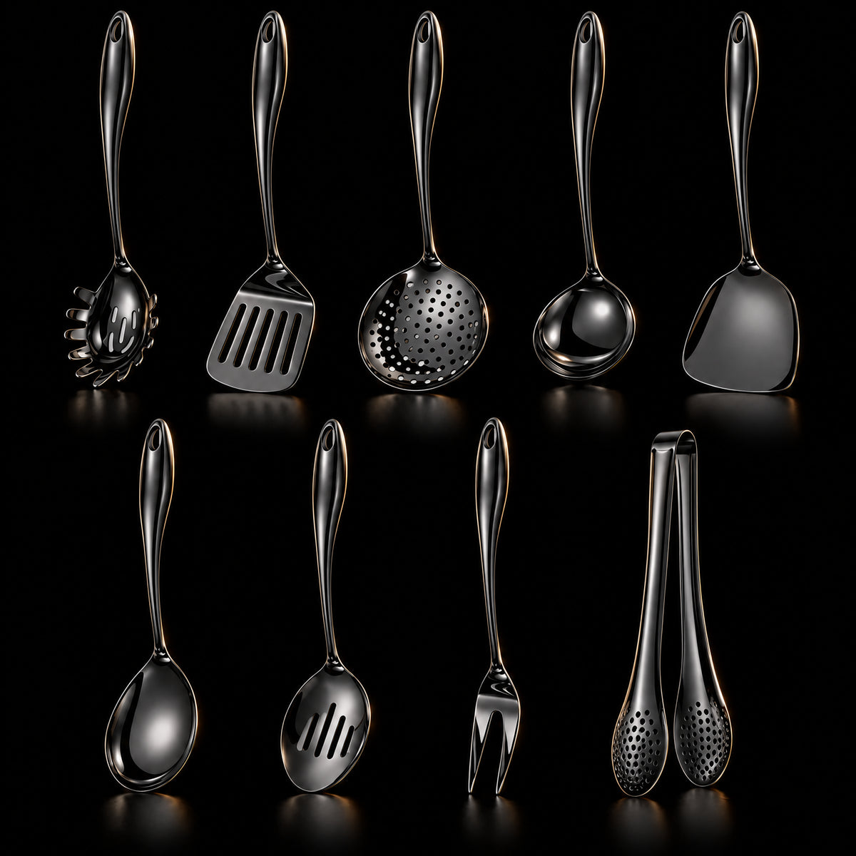 Okura 9-piece utensil set in black, rounded handles, black studio
