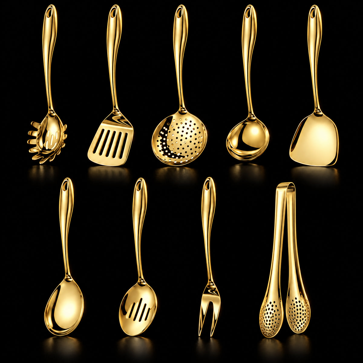 Okura 9-piece utensil set in gold, rounded handles, black studio
