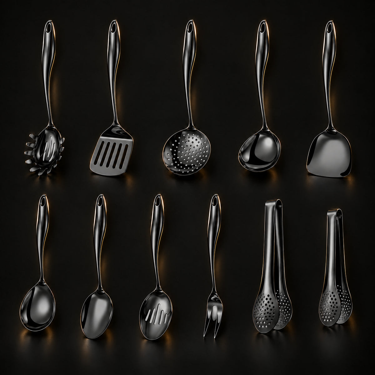Okura 11-piece utensil set in black, rounded handles, black studio