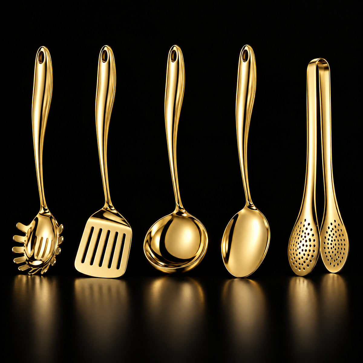 Okura 5-piece utensil set in gold, rounded handles, black studio