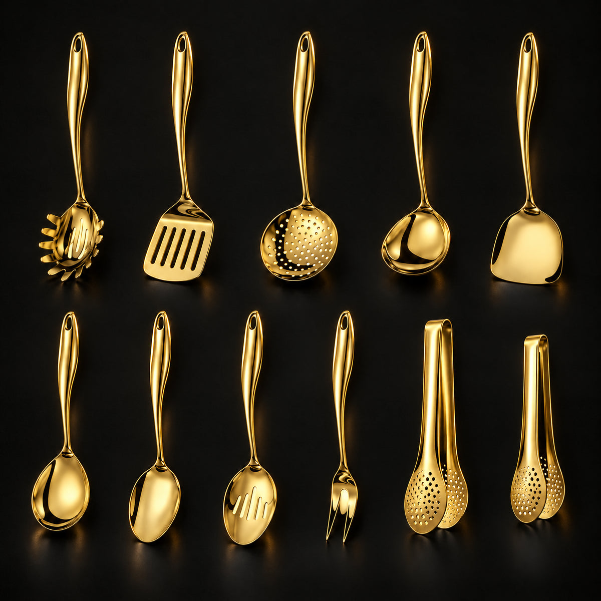 Okura 11-piece utensil set in gold, rounded handles, black studio