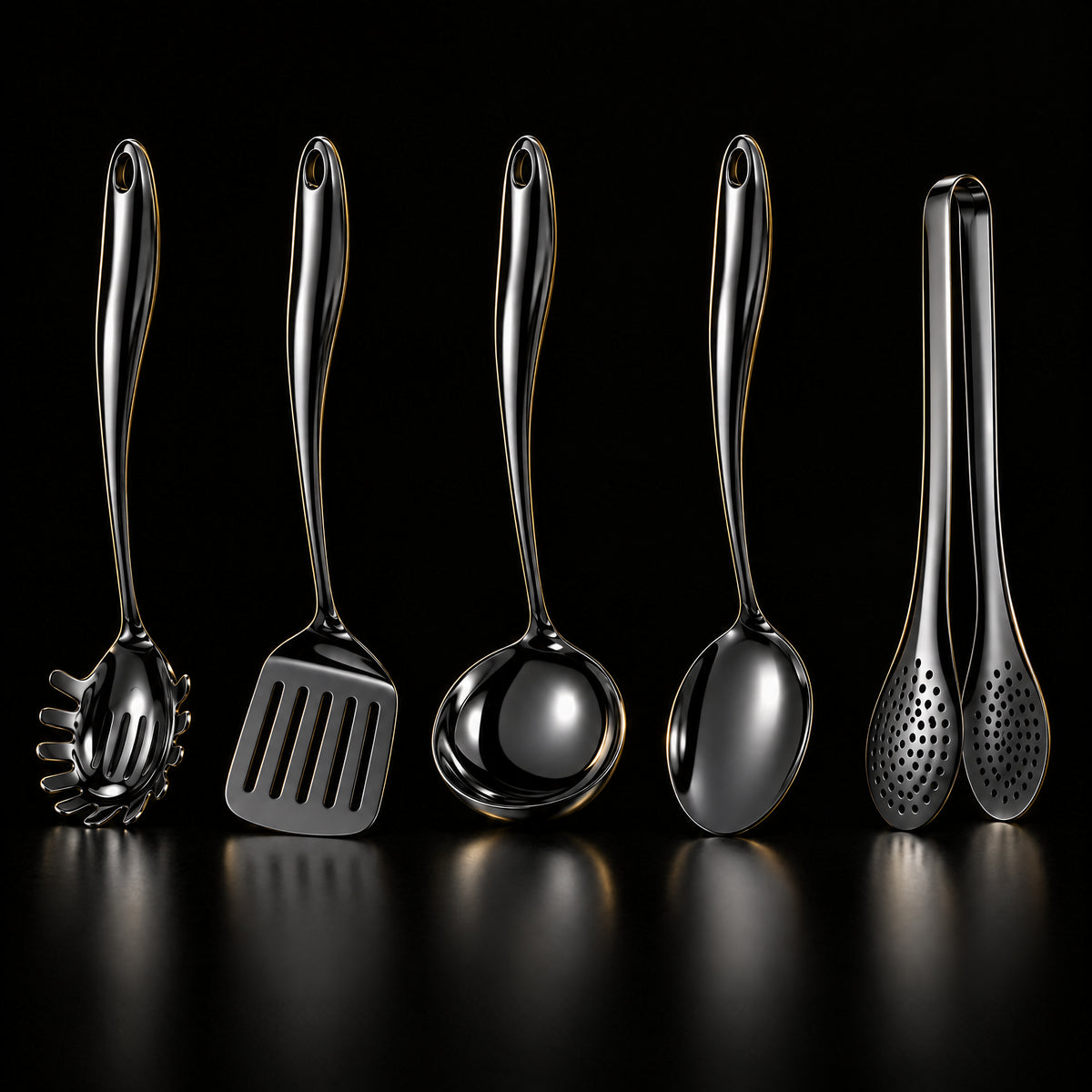 Okura 5-piece utensil set in black, rounded handles, black studio