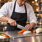 A Japanese chef using the Tsukikage Santoku Knife on a titanium cutting board in a professional kitchen