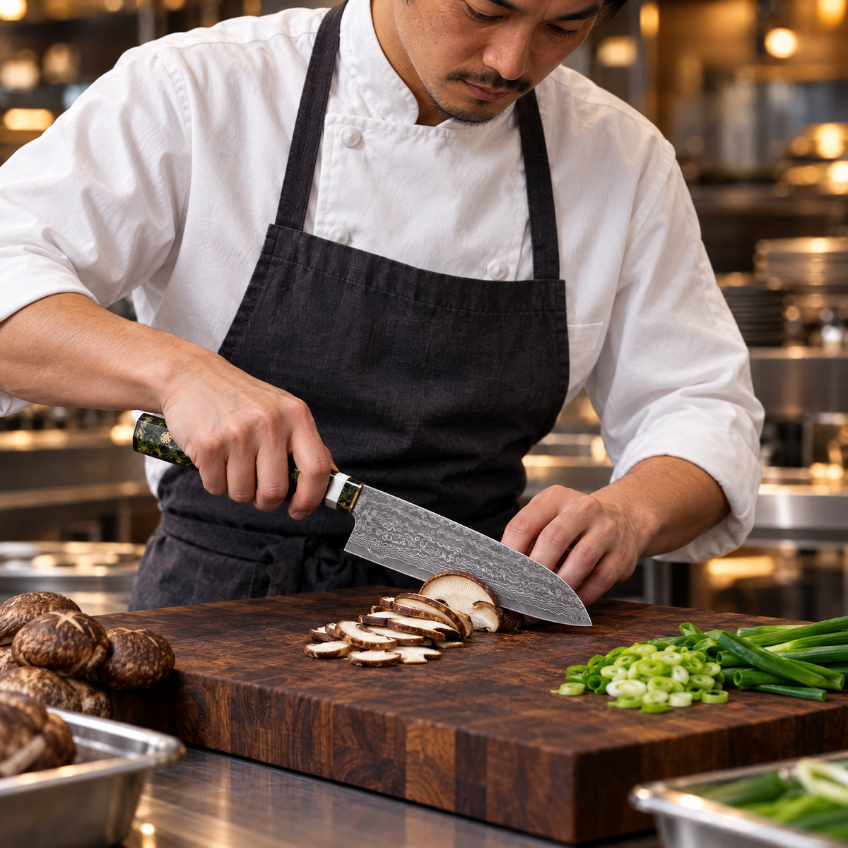 A Japanese chef using the Ibuki 7-Inch Santoku Knife on a wooden cutting board in a professional kitchen