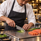 A Japanese chef using the Ibuki 5-Inch Santoku Knife on a titanium cutting board in a professional kitchen