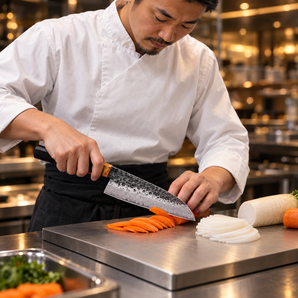 A Japanese chef using the Genbu Santoku Knife on a titanium cutting board in a professional kitchen