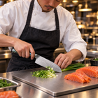 A Japanese chef using the Gekko Santoku Knife on a titanium cutting board in a professional kitchen