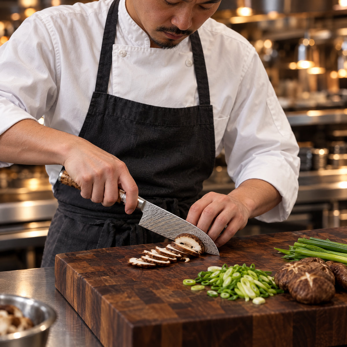 A Japanese chef using the Reimei 5-Inch Santoku Knife on a wooden cutting board in a professional kitchen