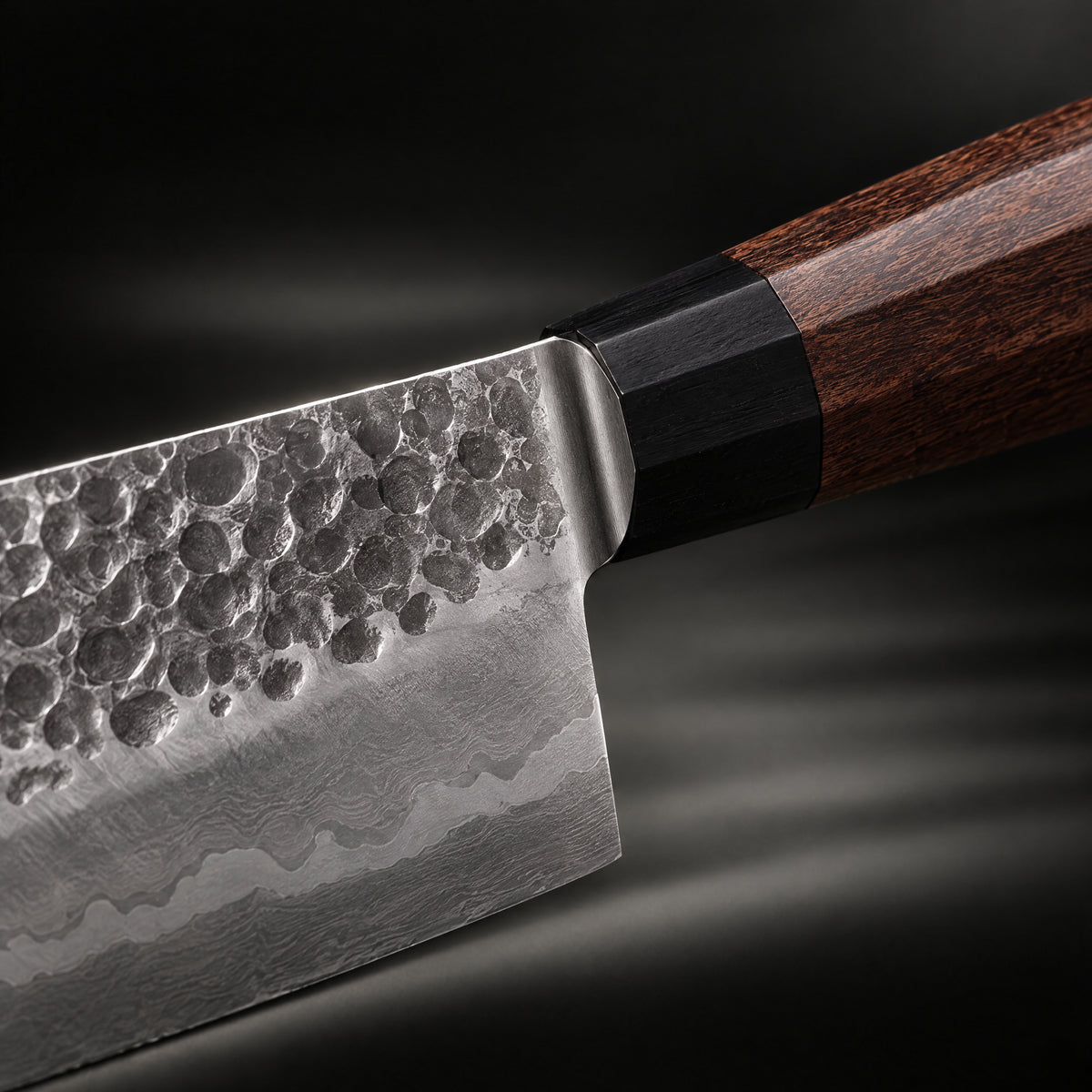 Close-up of the shizuma santoku knife blade and handle