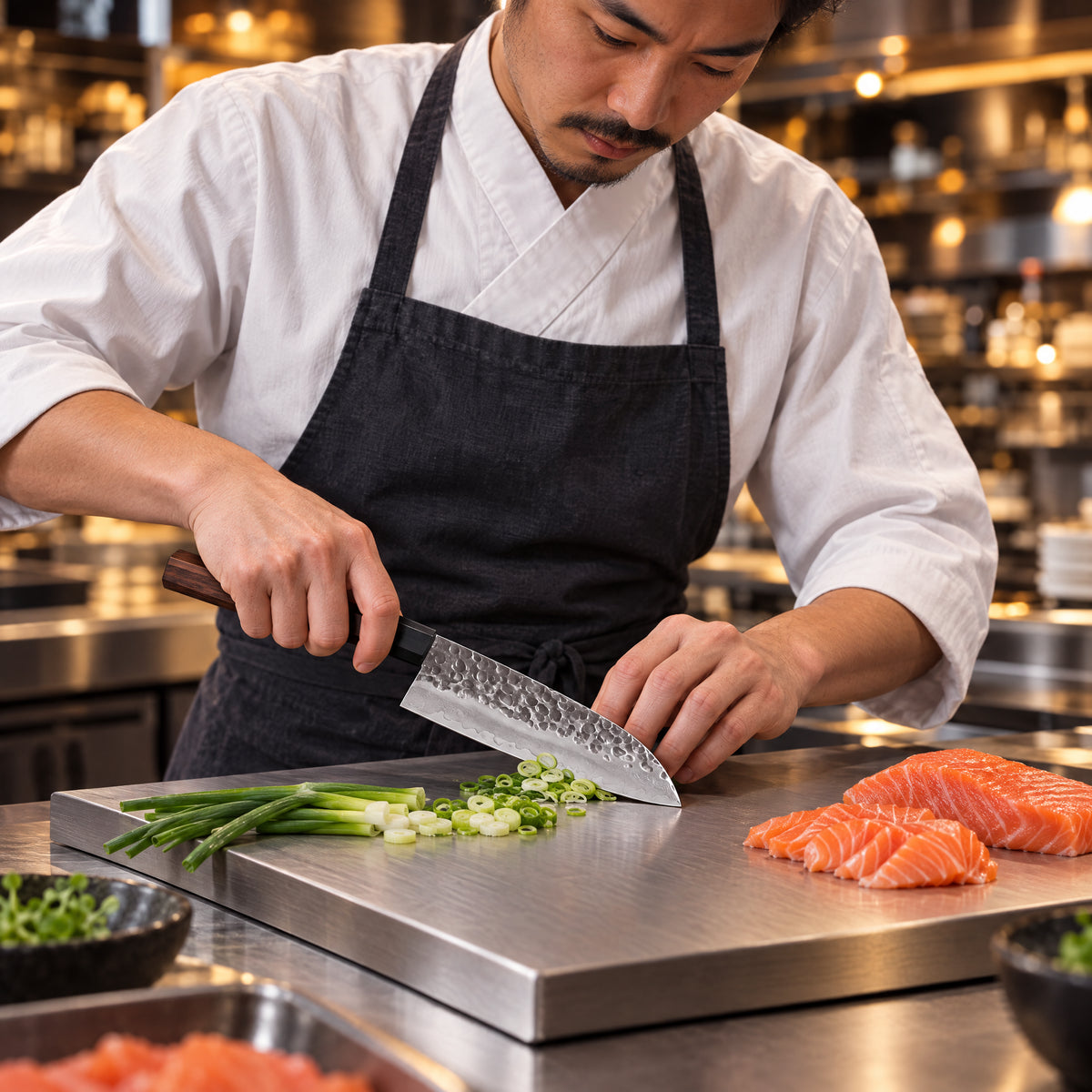 A Japanese chef using the Shizuma Santoku Knife on a titanium cutting board in a professional kitchen
