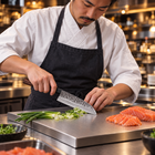 A Japanese chef using the Shizuma Santoku Knife on a titanium cutting board in a professional kitchen