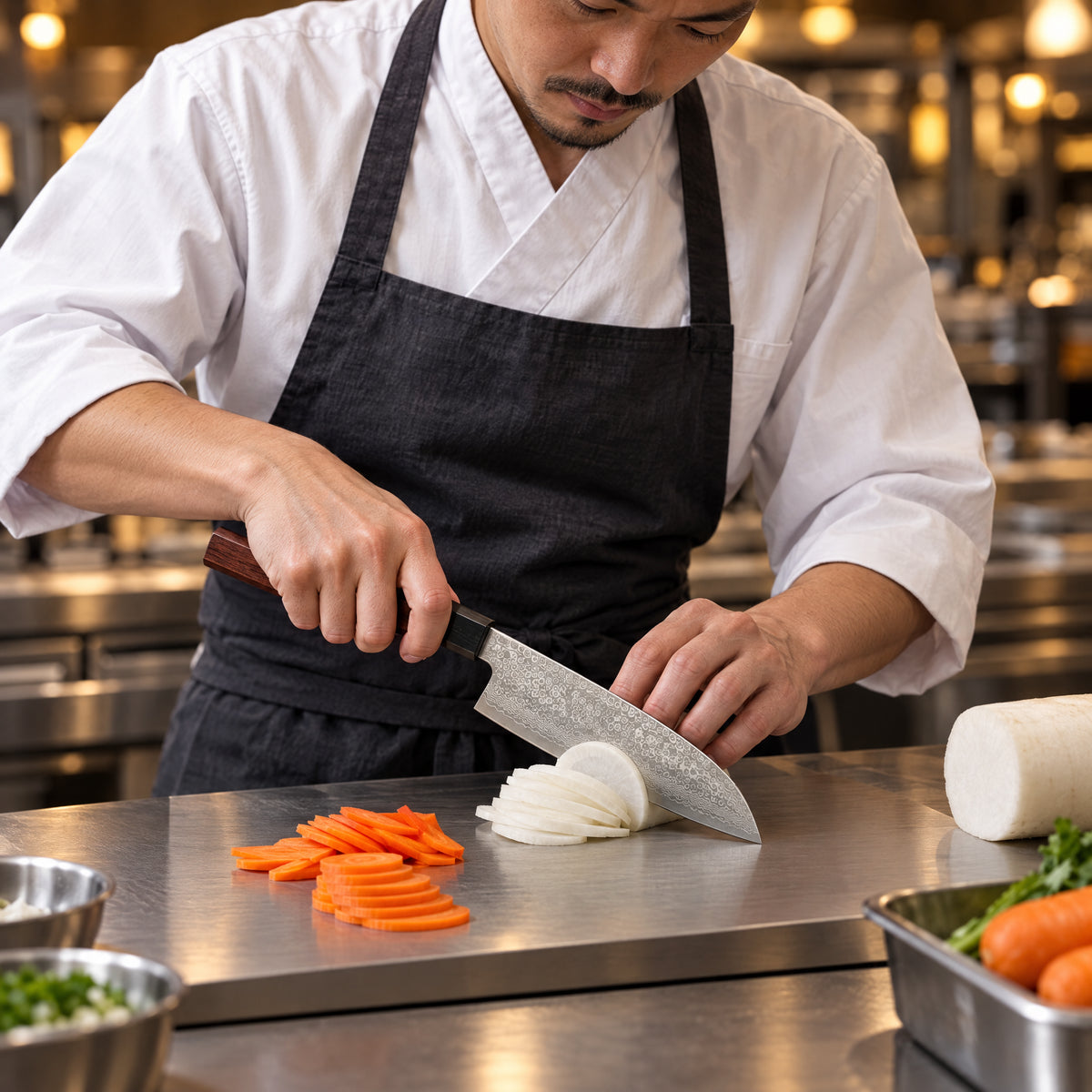 A Japanese chef using the Kenshin Santoku Knife on a titanium cutting board in a professional kitchen