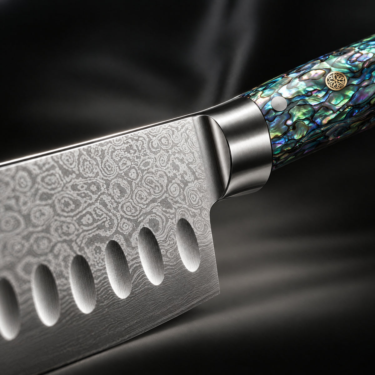 Close-up of the ryujin santoku knife blade and handle