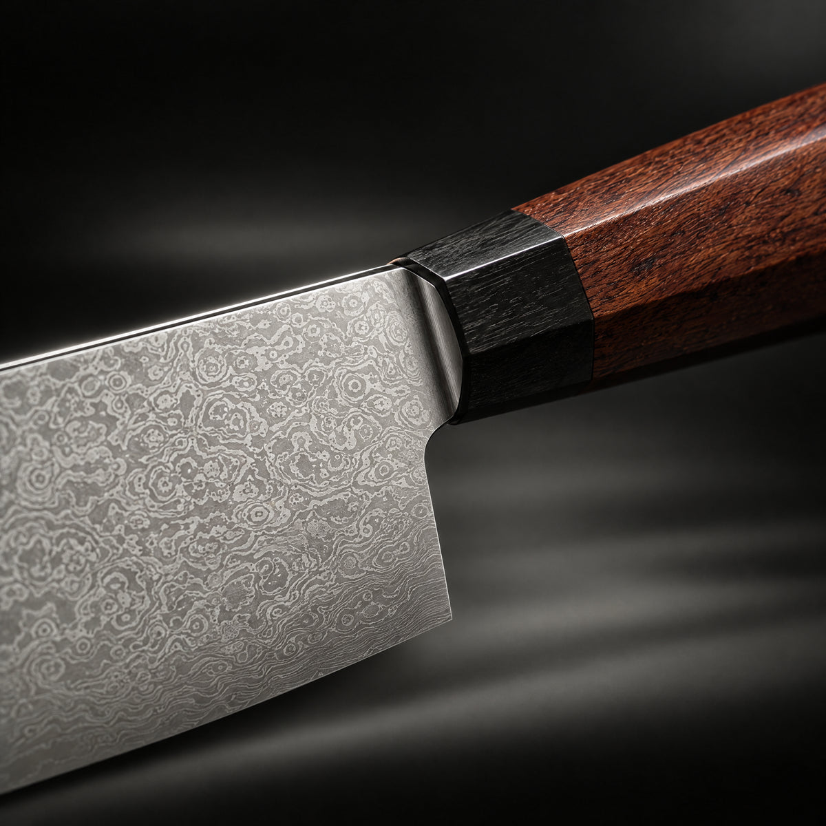 Close-up of the kenshin santoku knife blade and handle