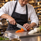 A Japanese chef using the Daigo Santoku Knife on a titanium cutting board in a professional kitchen