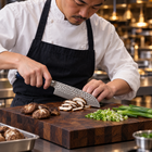 A Japanese chef using the Genkai Santoku Knife on a wooden cutting board in a professional kitchen