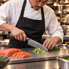 A Japanese chef using the Hayate Santoku Knife on a titanium cutting board in a professional kitchen