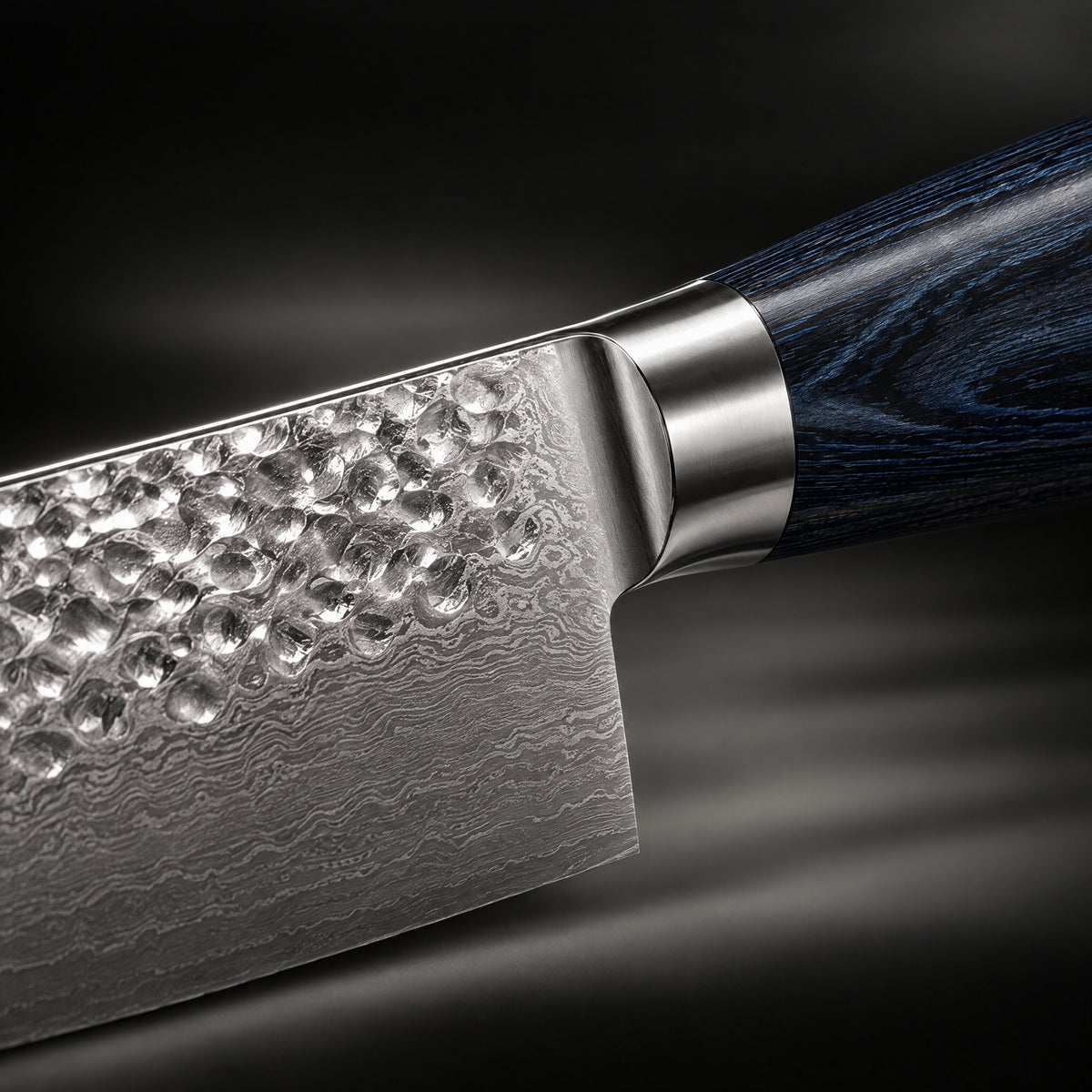Close-up of the genkai santoku knife blade and handle