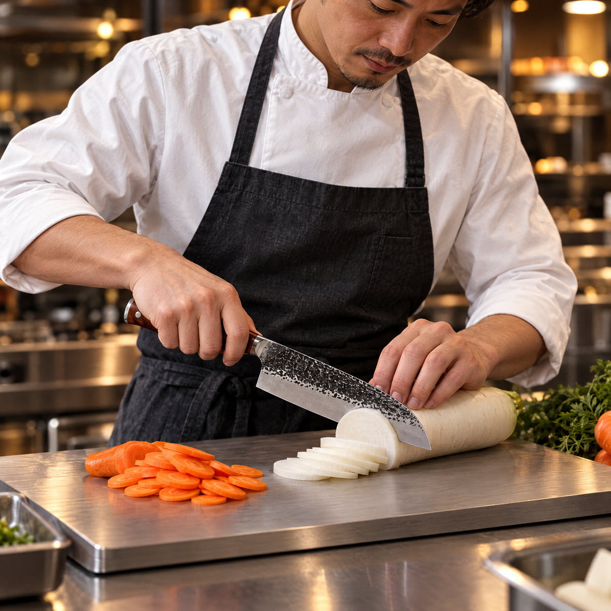 A Japanese chef using the Hagane 7-Inch Santoku Knife on a titanium cutting board in a professional kitchen