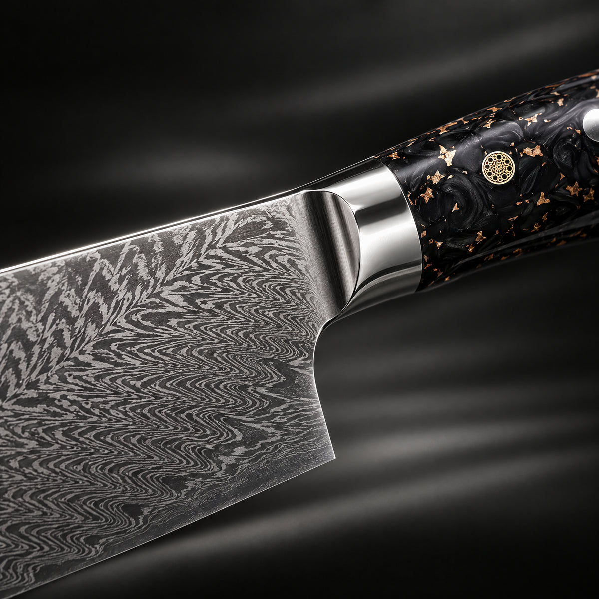 Close-up of the kogane santoku knife blade and handle