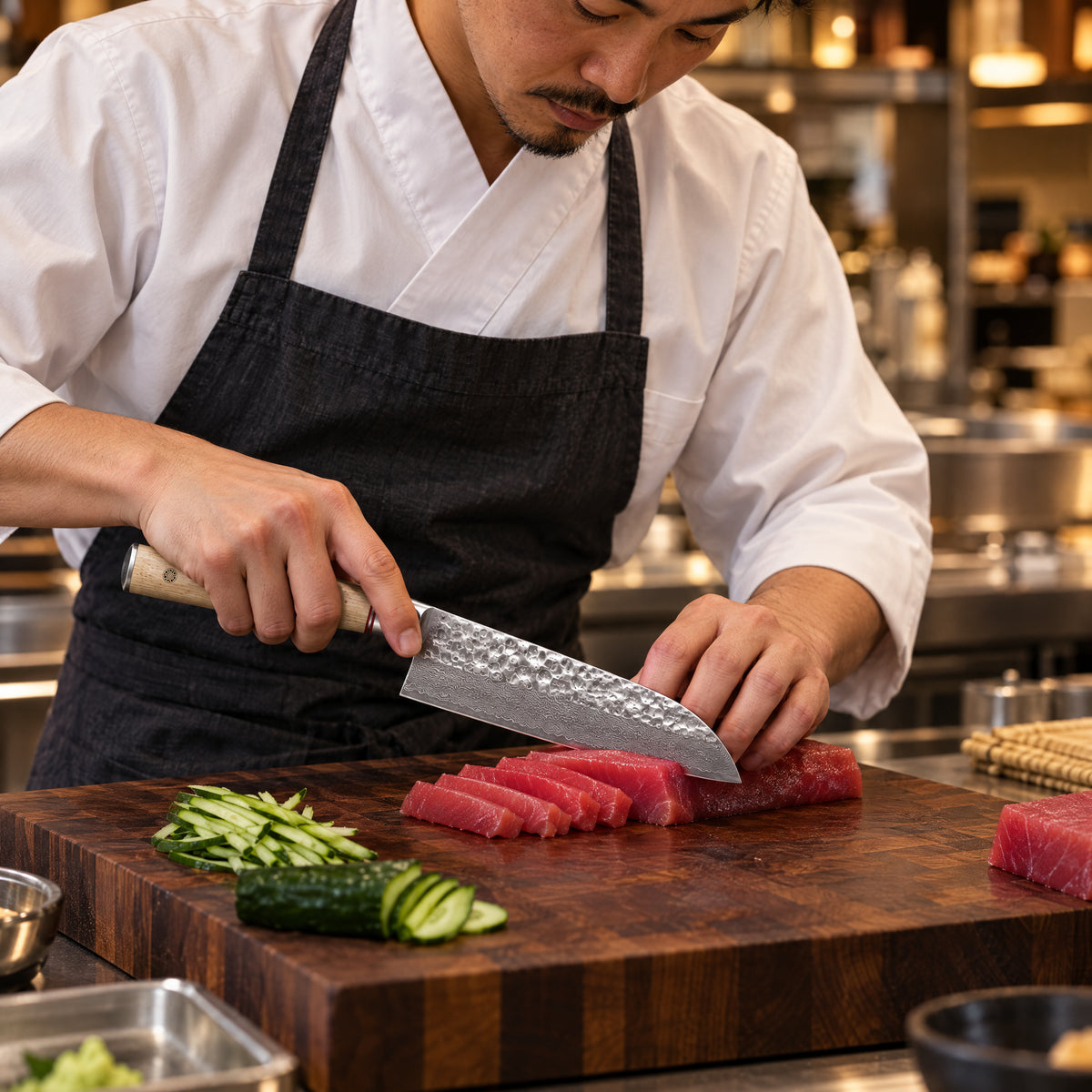 A Japanese chef using the Takumi Santoku Knife on a wooden cutting board in a professional kitchen
