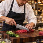 A Japanese chef using the Takumi Santoku Knife on a wooden cutting board in a professional kitchen