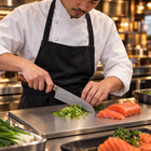 A Japanese chef using the Takamori Santoku Knife on a titanium cutting board in a professional kitchen