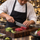 A Japanese chef using the Kongo Santoku Knife on a wooden cutting board in a professional kitchen