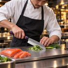 A Japanese chef using the Kazan Santoku Knife on a titanium cutting board in a professional kitchen