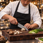 A Japanese chef using the Akagi Santoku Knife on a wooden cutting board in a professional kitchen
