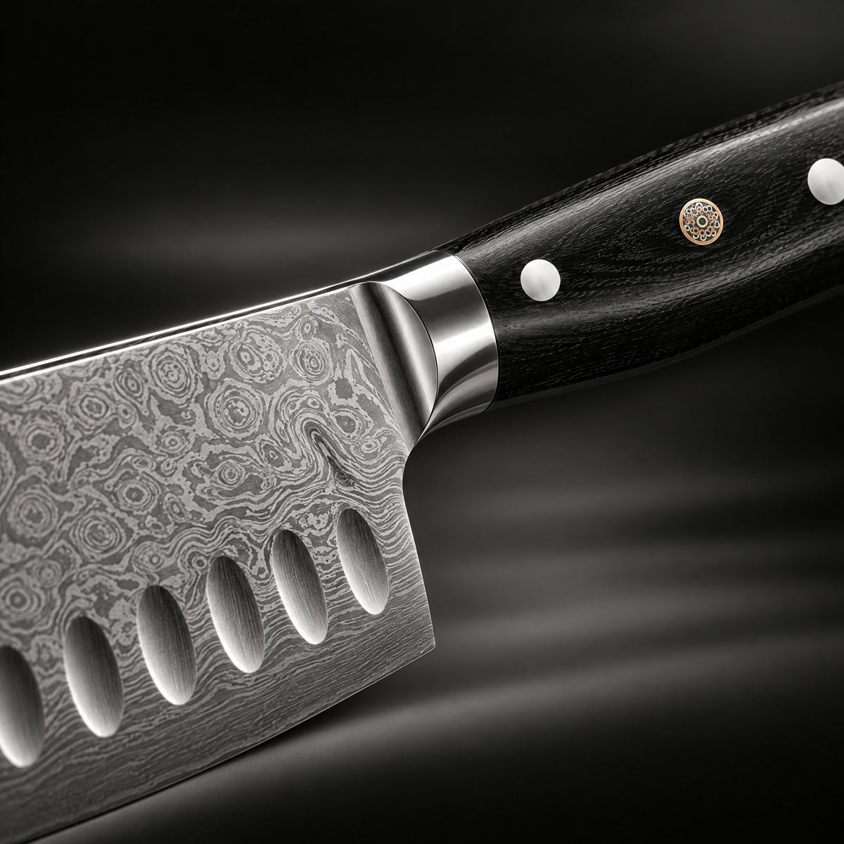 Close-up of the guren santoku knife blade and handle